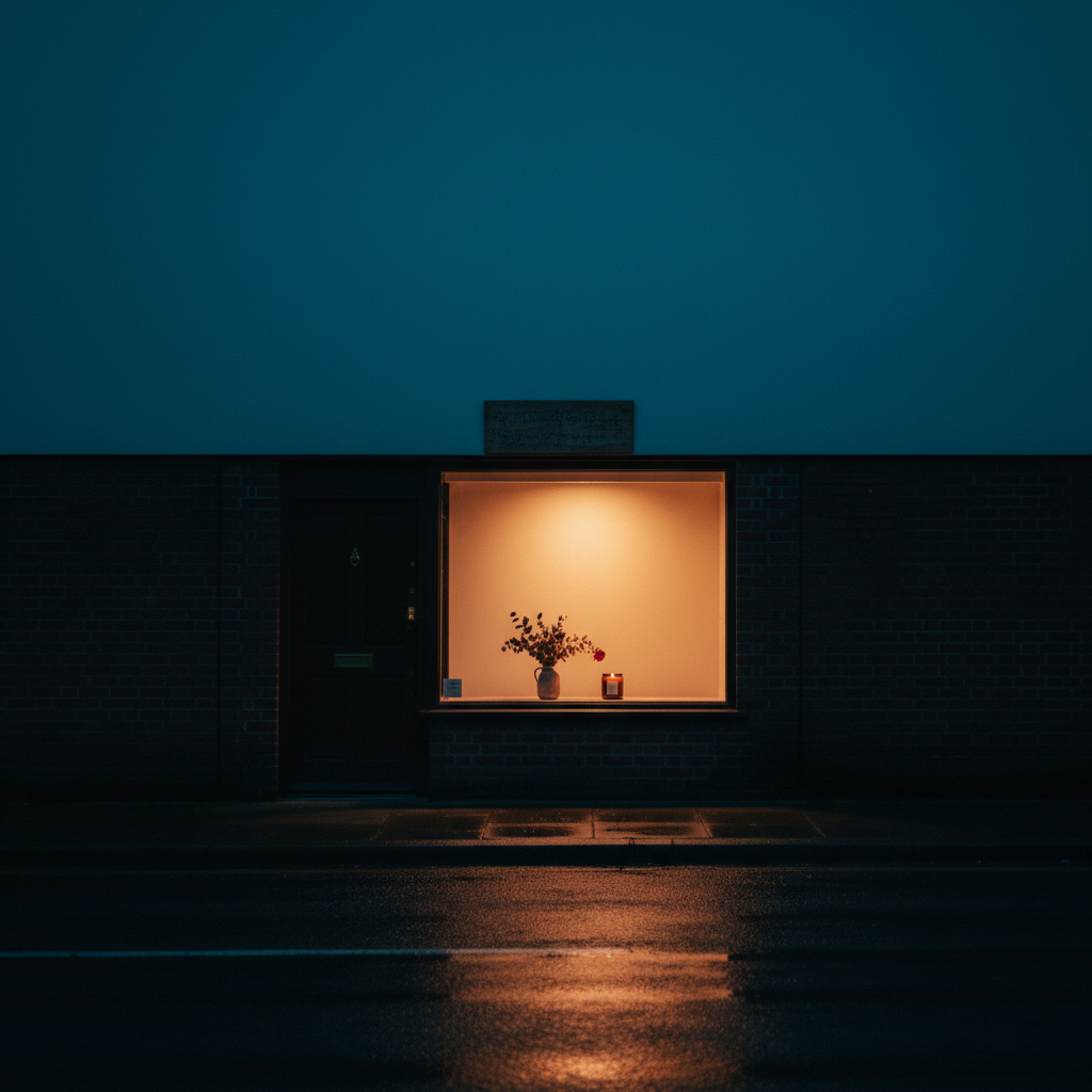 The shop window at dusk