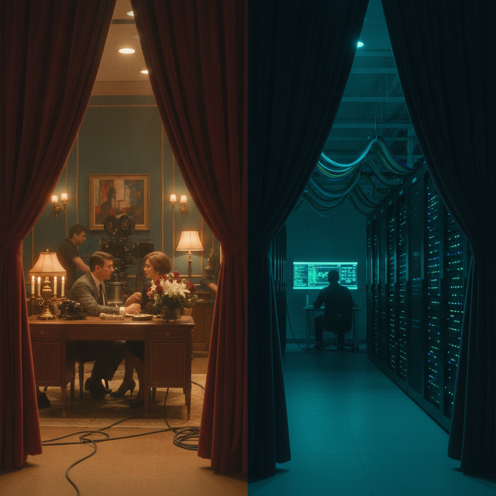 A warm film set with actors in front of a crimson curtain; racks of servers glow behind it
