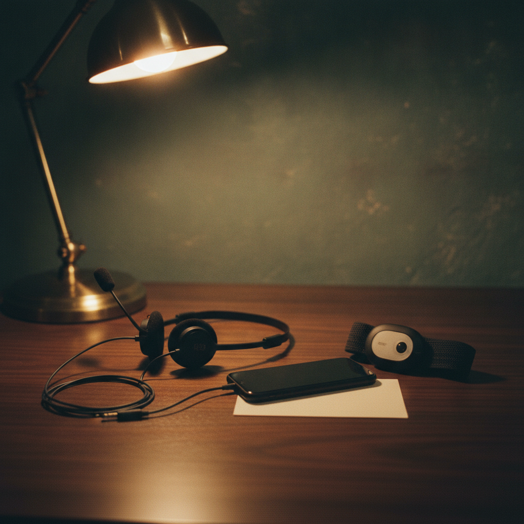 The player kit on the walnut desk: wired headset, phone and heart-rate armband
